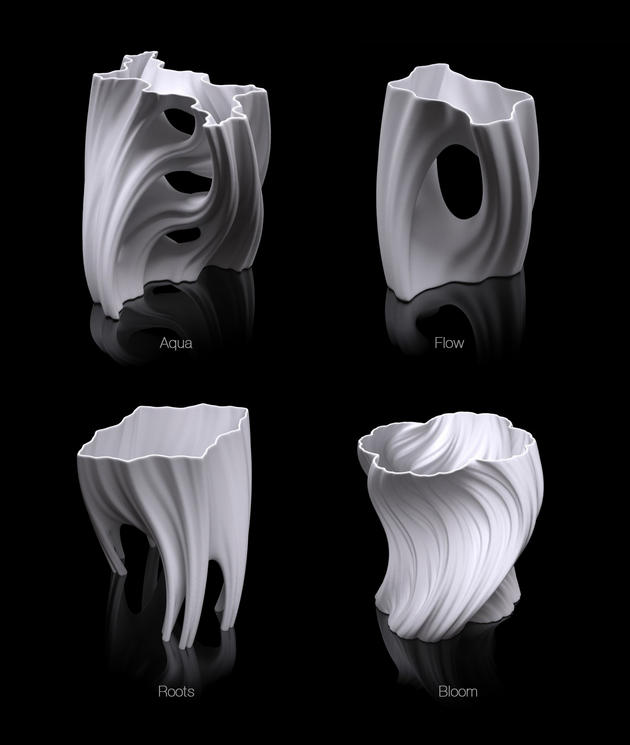 Julia vase collection of 3D printable decorative vases: Aqua, Flow, Roots, and Bloom