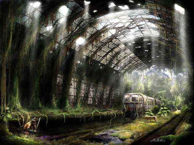 Overgrown Train station, hunter inside