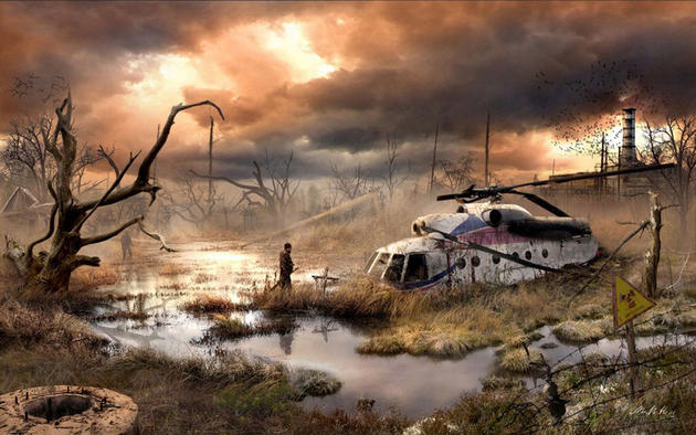 Crashed helicopter in the swamp post apocalypse