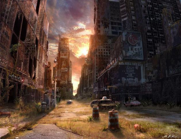 Empty streets at sunset post apocalypse